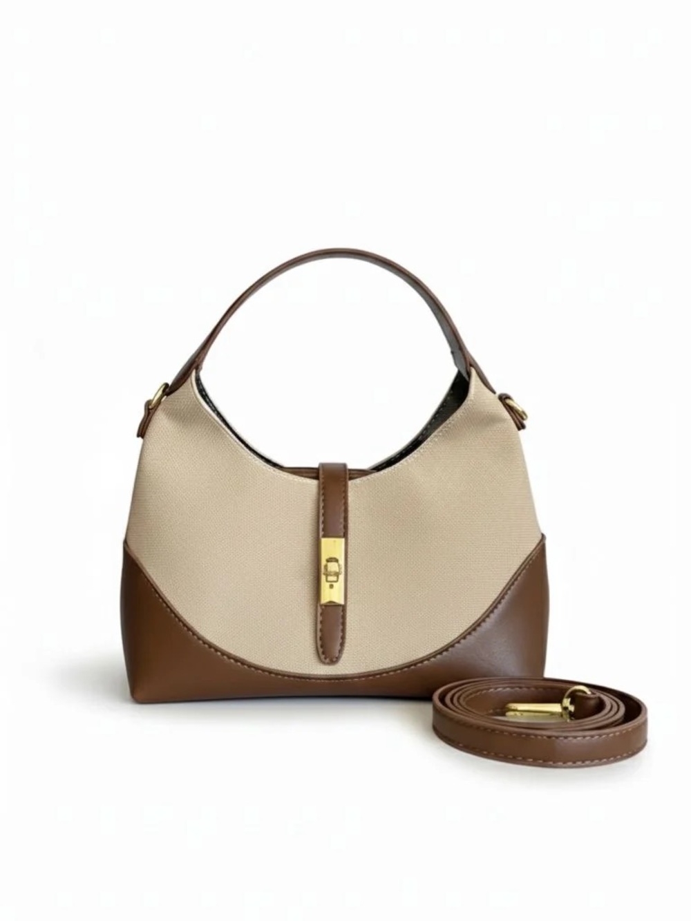 Classic Two-Tone Beige and Brown Shoulder Bag